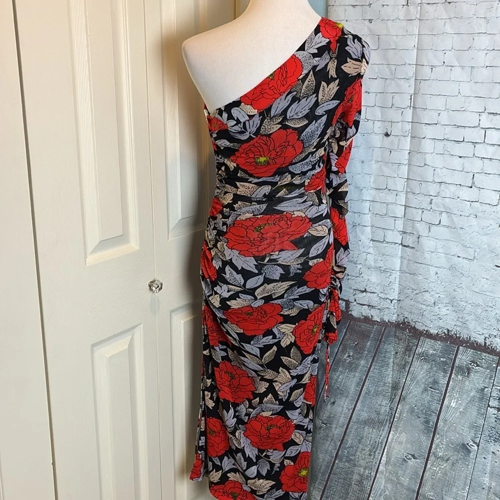 Diane Von Furstenburg Ruched One Sleeve Floral Mesh Dress Boswell Black 6 Sexy - Picture 9 of 16